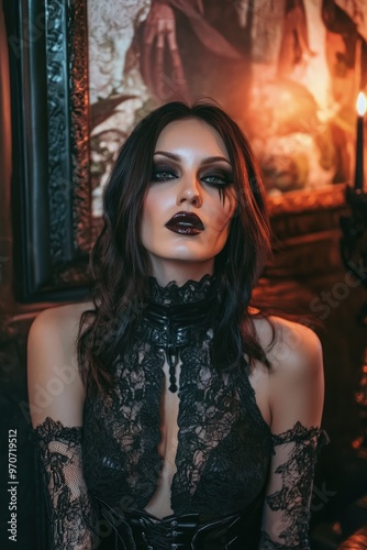 Portrait of Slender and Sexy Woman in Creative Gothic Costume at Halloween Party Featuring Dark Edgy Outfit with Lace, Leather, and Intricate Detailing, Dramatic Makeup, and Moody Atmospheric photo