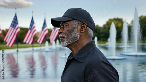 An African American man in a black cap stands solemnly by fountains and American flags, symbolizing Veterans Day and Memorial Day