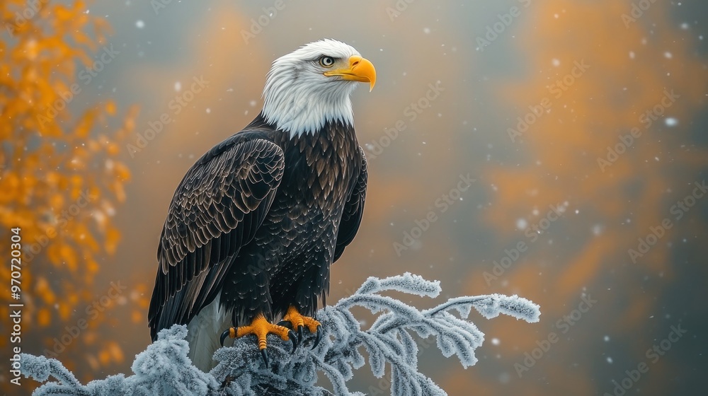 A majestic eagle perched on a frosty branch in a serene landscape. A majestic eagle perched on a frosty branch in a serene landscape.