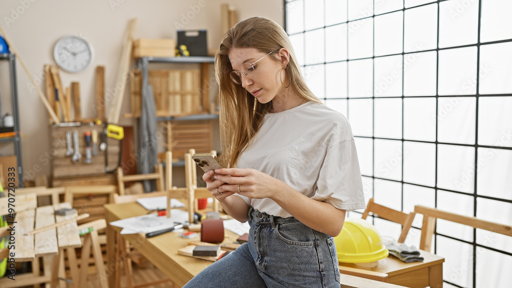 A blonde woman examines her smartphone in a well-lit carpentry workshop full of tools and wooden materials. A blonde woman examines her smartphone in a well-lit carpentry workshop full of tools and wooden materials.