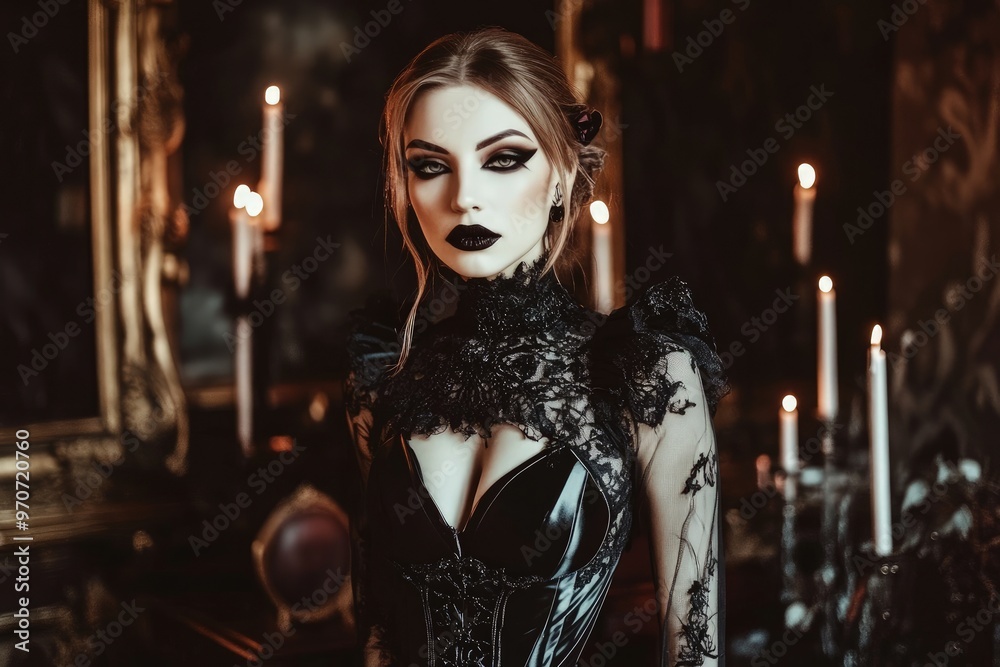 Slender and Sexy Woman in Creative Gothic Costume at a Gothic-Themed Halloween Party Featuring Dark Luxurious Fabrics, Lace, Velvet, Leather, Bold Makeup, and Mysterious Atmosphere Slender and Sexy Woman in Creative Gothic Costume at a Gothic-Themed Halloween Party Featuring Dark Luxurious Fabrics, Lace, Velvet, Leather, Bold Makeup, and Mysterious Atmosphere