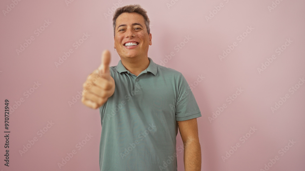 Handsome young man giving a thumbs-up over an isolated pink background, smiling confidently and wearing a casual polo shirt Handsome young man giving a thumbs-up over an isolated pink background, smiling confidently and wearing a casual polo shirt