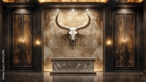 Ornate Texan longhorn skull with intricate patterns in a dark, atmospheric setting depicting western artistry and rustic decor