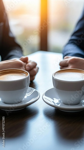 Two coffee cups on a table with hands clasped, creating a warm atmosphere for conversation and connection.