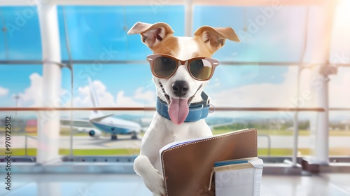 Pet travel insurance, dog with travel documents, airport background, 3D illustration