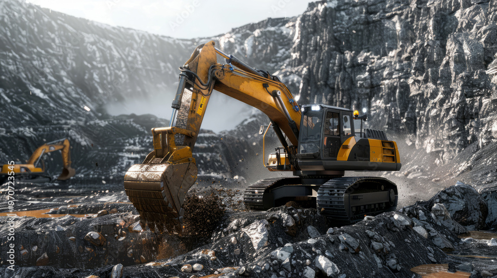 A large yellow and black construction vehicle is digging into the ground A large yellow and black construction vehicle is digging into the ground