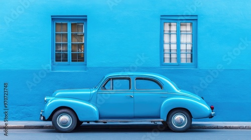 A bright blue vintage car parked on a solid blue street, representing retro style and nostalgia.