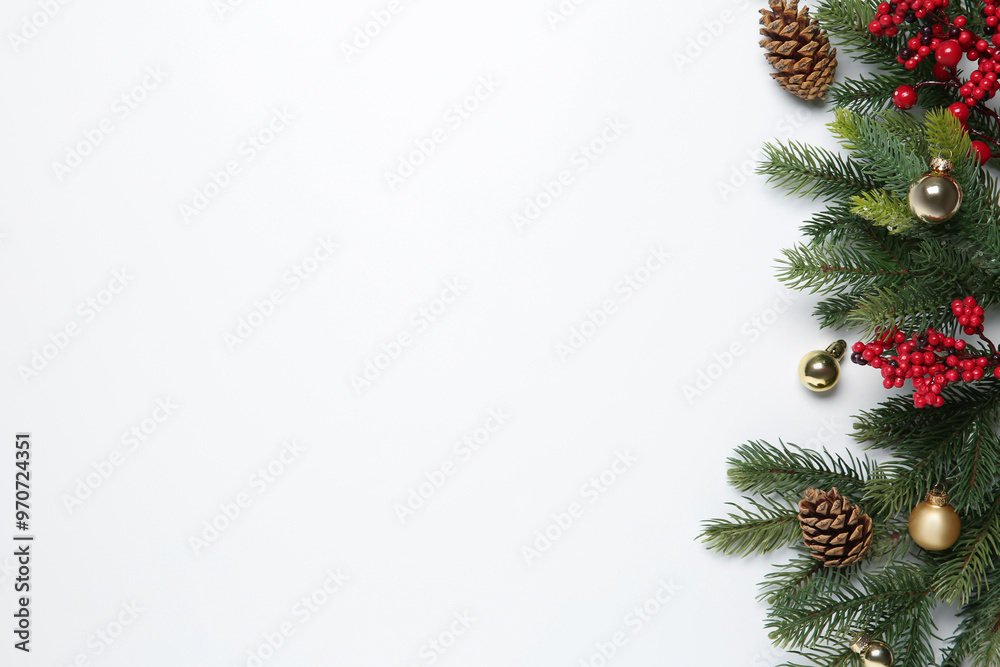 Fir tree branches with Christmas decor on white background, flat lay. Space for text Fir tree branches with Christmas decor on white background, flat lay. Space for text