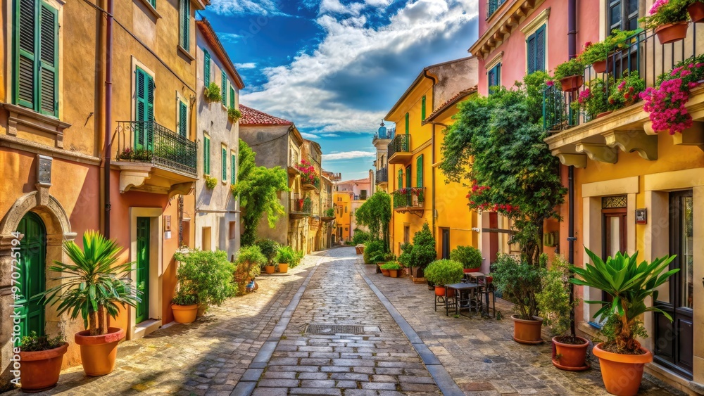 Fototapeta premium Vibrant summer afternoon sun-kissed Olbian streets colorful buildings pastel hues narrow alleys ancient architecture lively atmosphere warm shadows rich textures