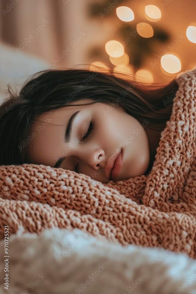 Close-up top-side view of Asian woman sleeping peacefully with blanket covering her, soft bokeh background, serene and tranquil moment Close-up top-side view of Asian woman sleeping peacefully with blanket covering her, soft bokeh background, serene and tranquil moment