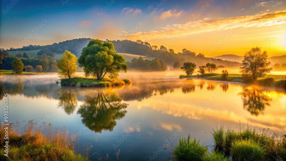 Fototapeta premium lakeway serene morning tranquility peaceful lakeside scenes soft misty atmosphere warm golden hour gentle hill country landscapes idyllic settings