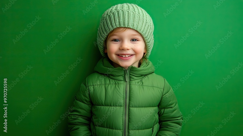 A cheerful child dressed in a green jacket standing in front of a bright green backdrop, smiling confidently. A cheerful child dressed in a green jacket standing in front of a bright green backdrop, smiling confidently.