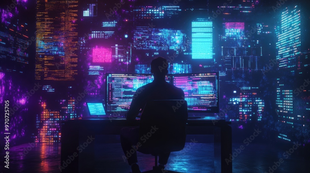 A lone hacker sits in a dark room, surrounded by glowing computer screens displaying complex code and data, working late into the night. A lone hacker sits in a dark room, surrounded by glowing computer screens displaying complex code and data, working late into the night.