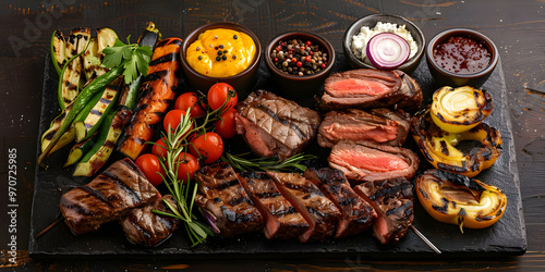 Wallpaper Mural Grilled Steak Photo, Beef Steak and Grilled Vegetables on a Rustic Wooden Table Torontodigital.ca