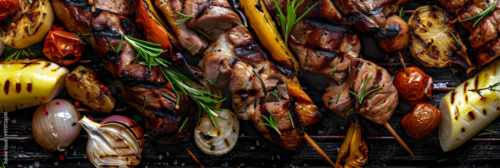 Grilled Pork Skewers Photo - Pork, Skewers, Grilled, Rosemary, Onions, Tomatoes, Peppers, Garlic, Barbecue, Food Grilled Pork Skewers Photo - Pork, Skewers, Grilled, Rosemary, Onions, Tomatoes, Peppers, Garlic, Barbecue, Food
