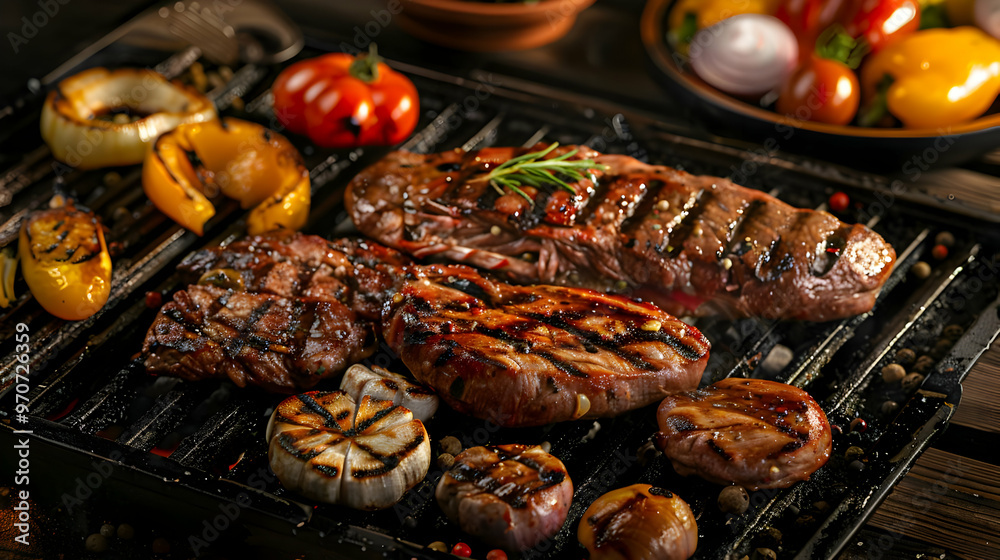 Grilled Steak, Rosemary, Garlic, Pepper, and Vegetables - Realistic Food Photo