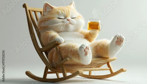 3d, cute chubby furry cat, satisfied expression, one eye open, other closed, lying in rocking chair, drinking hot tea photo