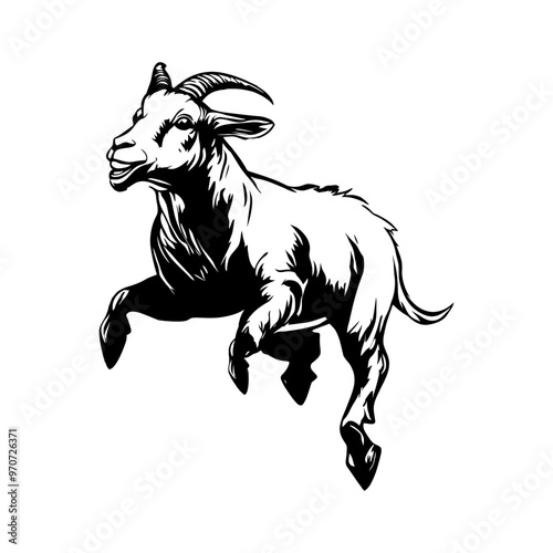 a black and white drawing of a goat jumping in the air.
