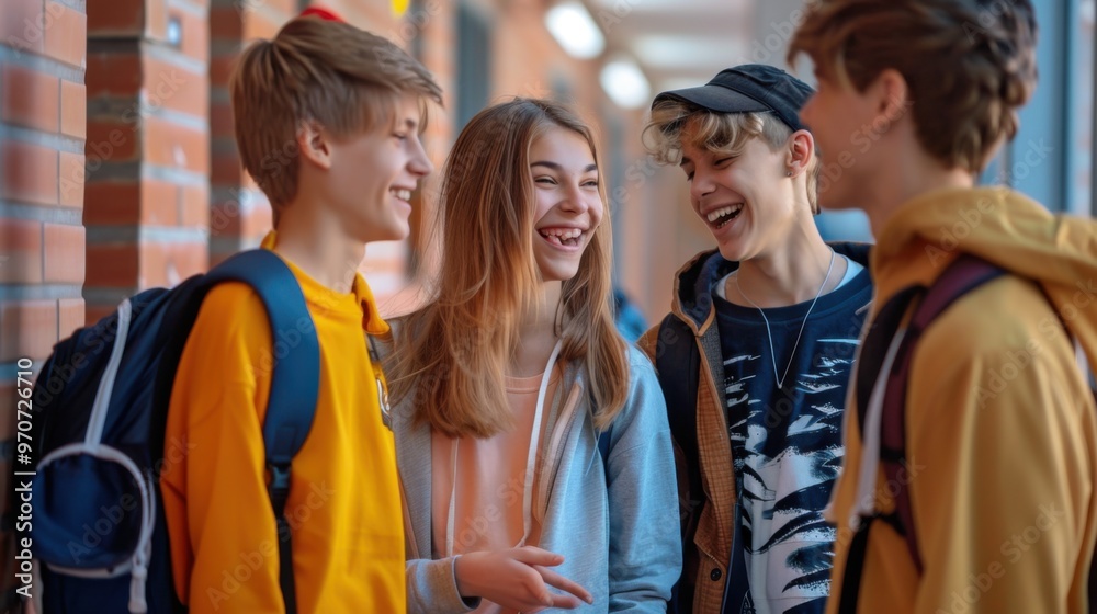Fototapeta premium A group of young students are standing next to each other, chatting and laughing together, A group of students laughing and chatting in the hallway