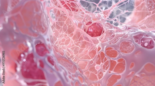 An enlarged image of fibrous connective tissue, visible collagen strands