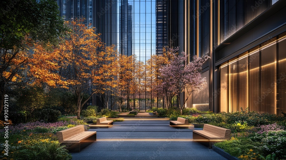Obraz premium Modern Architectural Building with Serene Garden