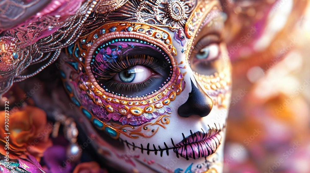 Fototapeta premium Colorful sugar skull makeup adorned with vibrant floral details, capturing the essence of the Day of the Dead celebration.