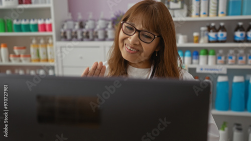 Hispanic, woman, doing, a, videocall, inside, a, pharmacy, wearing, glasses.