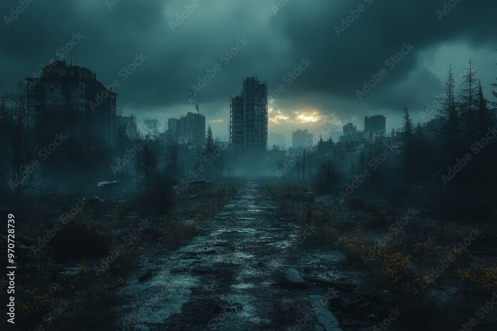 A deserted city overtaken by nature. Generative AI A deserted city overtaken by nature. Generative AI