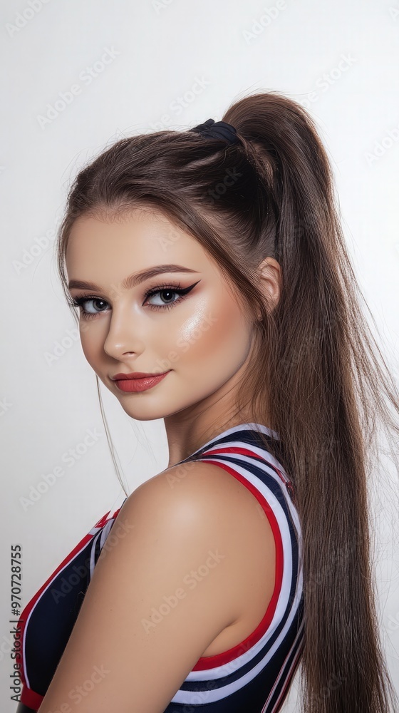 Beautiful girl in cheerleader uniform with makeup and styling, passionate expression on plain white background, professionally Beautiful girl in cheerleader uniform with makeup and styling, passionate expression on plain white background, professionally