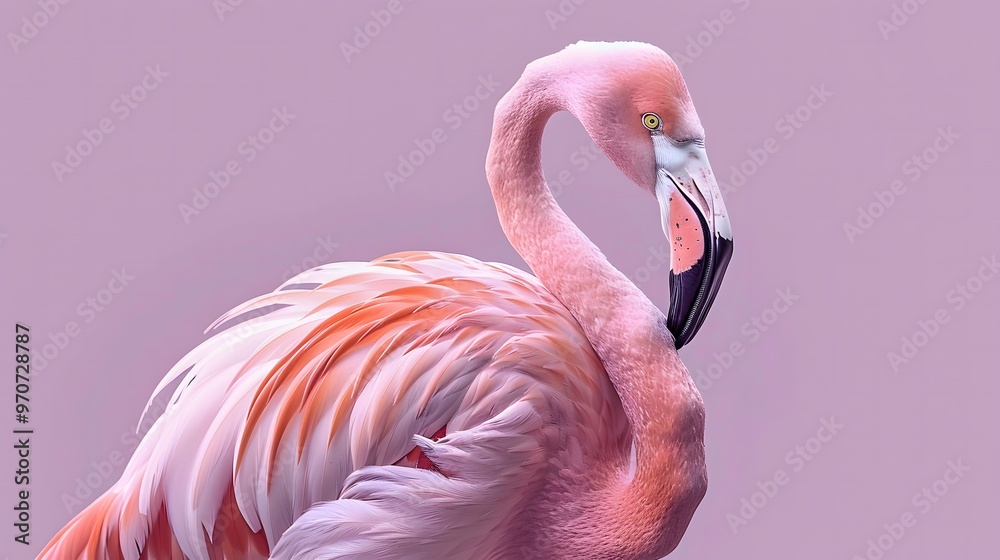 Fototapeta premium Elegant flamingo bird in a relaxed pose on a pastel lavender background