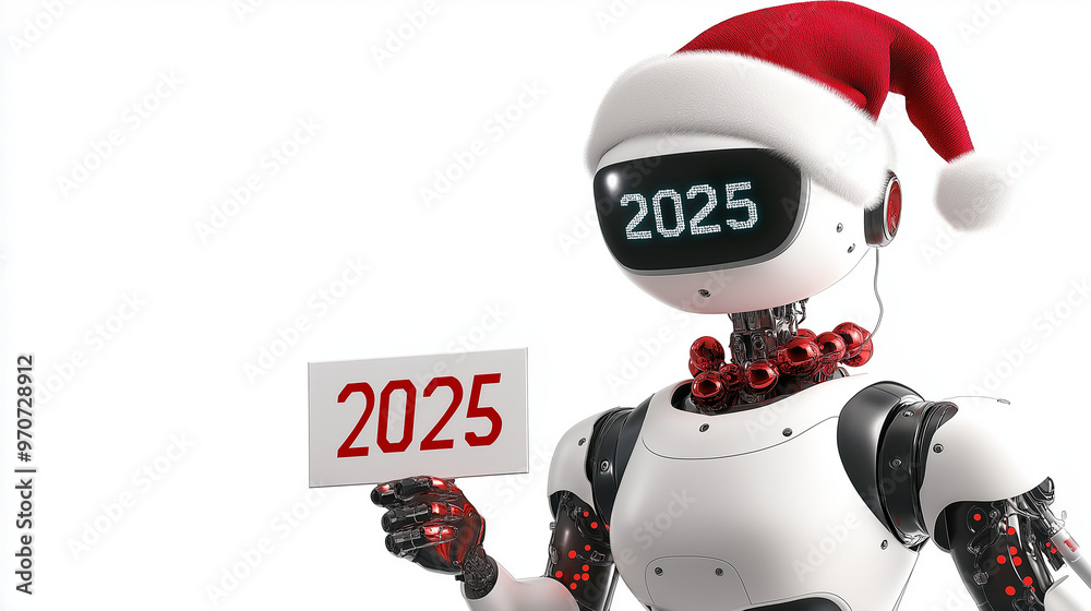 Cyborg KI Roboter zu Weihnachten als Weihnachtsmann mit roter Mütze hält Schild auf dem steht Jahr 2025 Neujahresgrüße mit Grußkarte zu Neujahr Generative AI Cyborg KI Roboter zu Weihnachten als Weihnachtsmann mit roter Mütze hält Schild auf dem steht Jahr 2025 Neujahresgrüße mit Grußkarte zu Neujahr Generative AI