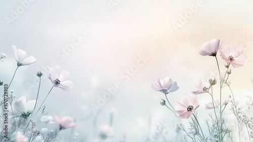 A field of delicate flowers under a tranquil pastel sky.