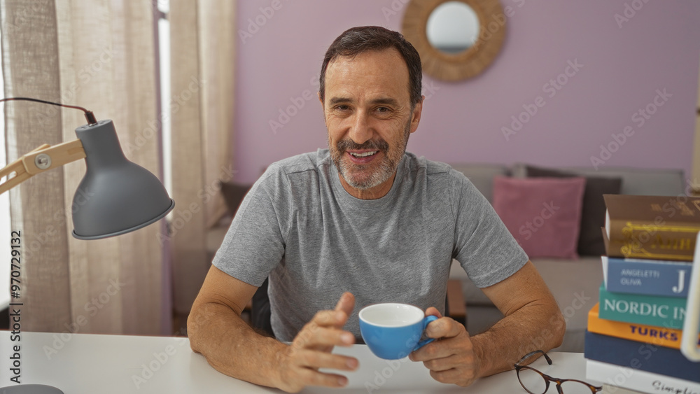Hispanic man enjoying coffee indoors at home, sitting in the living room surrounded by books and a lamp.