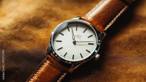 Wallpaper Mural A close-up of a brown leather watch placed neatly on a matching brown surface, symbolizing classic style and sophistication. Torontodigital.ca