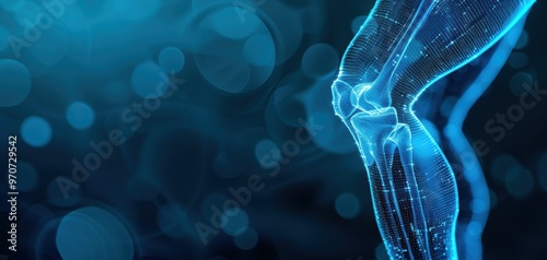A futuristic image of a human knee joint illuminated with a blue glow, showcasing advanced anatomy and digital technology.