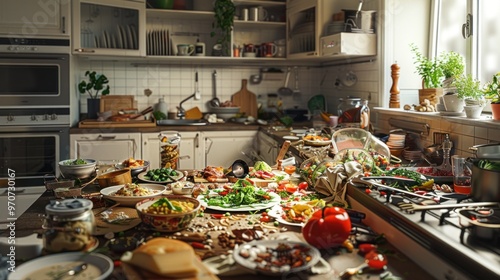 A busy kitchen countertop laden with a variety of dishes and ingredients. photo