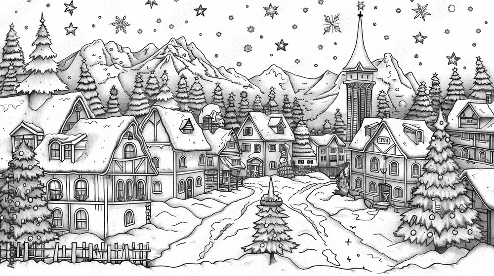 Naklejka premium Get into the holiday spirit with this festive coloring book, filled with images of Christmas traditions from around the world, such as holiday markets and nativity scenes.