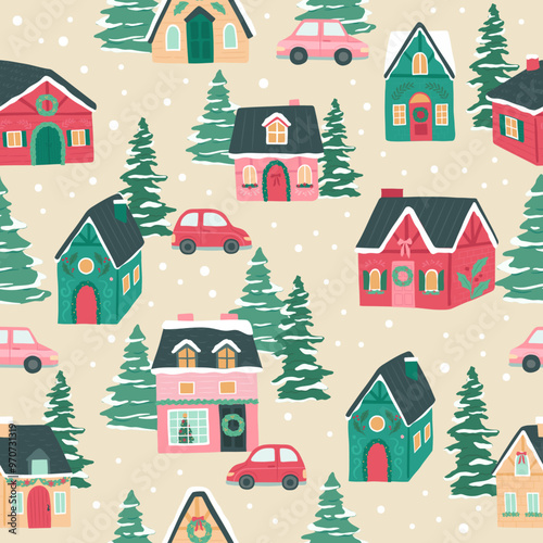 Winter Christmas village seamless pattern