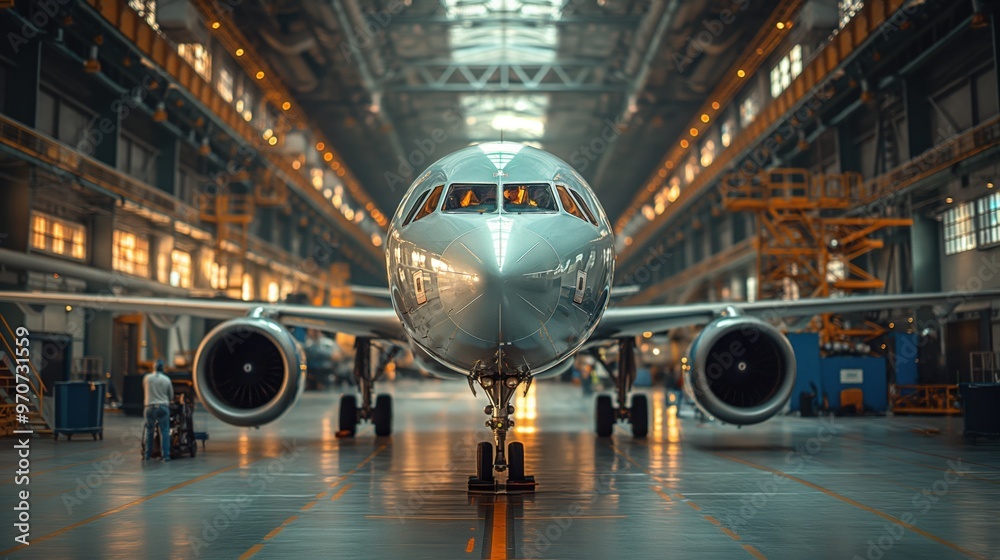 Airliner parked at the center of a large aerospace facility, surrounded by technicians and equipment, undergoing the final phases of its construction and assembly. Airliner parked at the center of a large aerospace facility, surrounded by technicians and equipment, undergoing the final phases of its construction and assembly.