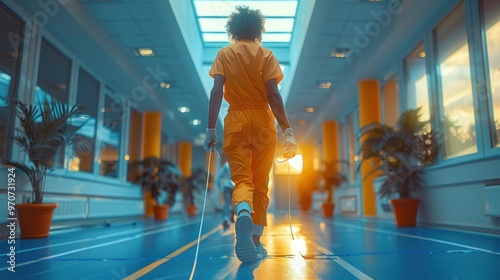 Wallpaper Mural A young woman in yellow scrubs walks through a hallway, carrying medical devices. Torontodigital.ca