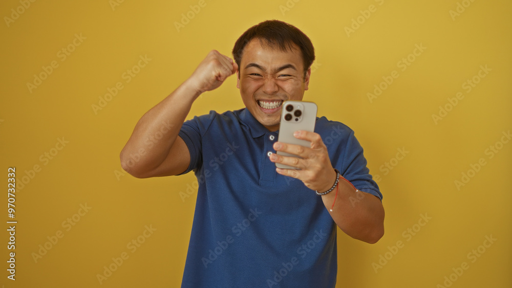 A young, attractive chinese man in a blue shirt rejoices while looking at his smartphone with a yellow background. A young, attractive chinese man in a blue shirt rejoices while looking at his smartphone with a yellow background.
