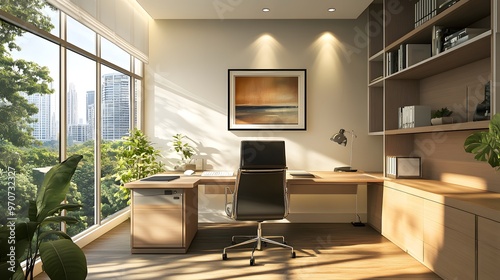 51. Modern home office with clean lines and a simple black chair