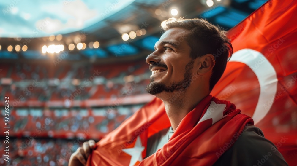 Fototapeta premium A soccer fan with the Turkish flag at a soccer stadium during a match back view