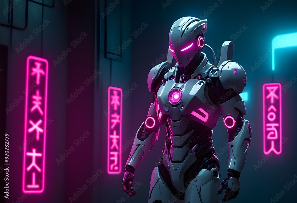 Futuristic robot standing in neon lit alleyway Futuristic robot standing in neon lit alleyway