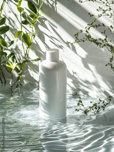 A white blank of  shampoo bottle  is placed on the water. mockup photo