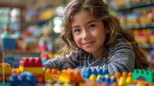 A young girl with curly hair smiles while playing with colorful building blocks spread out in front of her.