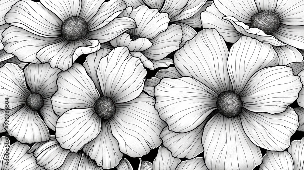 Fototapeta premium Explore the beauty of nature with this flower-themed coloring book. Each page is filled with detailed flower illustrations, offering a soothing and creative escape.