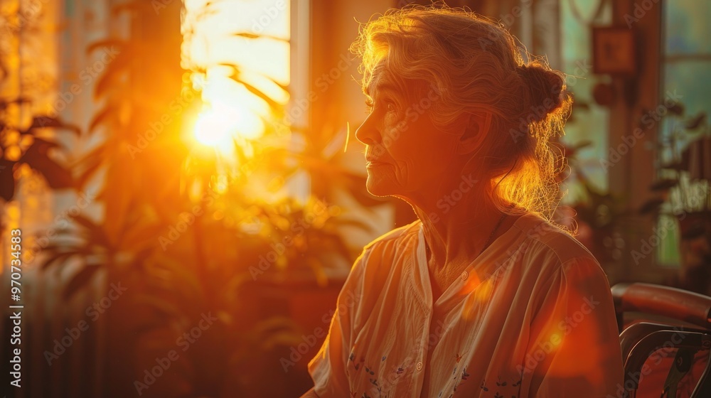 An elderly woman sits in profile, bathed in warm sunlight streaming through a window.