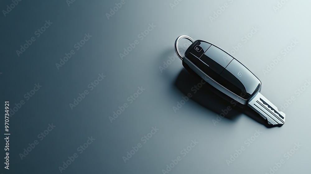 A close-up of a shiny silver car key against a polished silver-gray surface, symbolizing luxury and technology A close-up of a shiny silver car key against a polished silver-gray surface, symbolizing luxury and technology