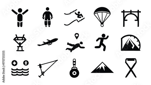 Set of black and white icons depicting different adventure sports, including skydiving, mountain climbing,  and bungee jumping.